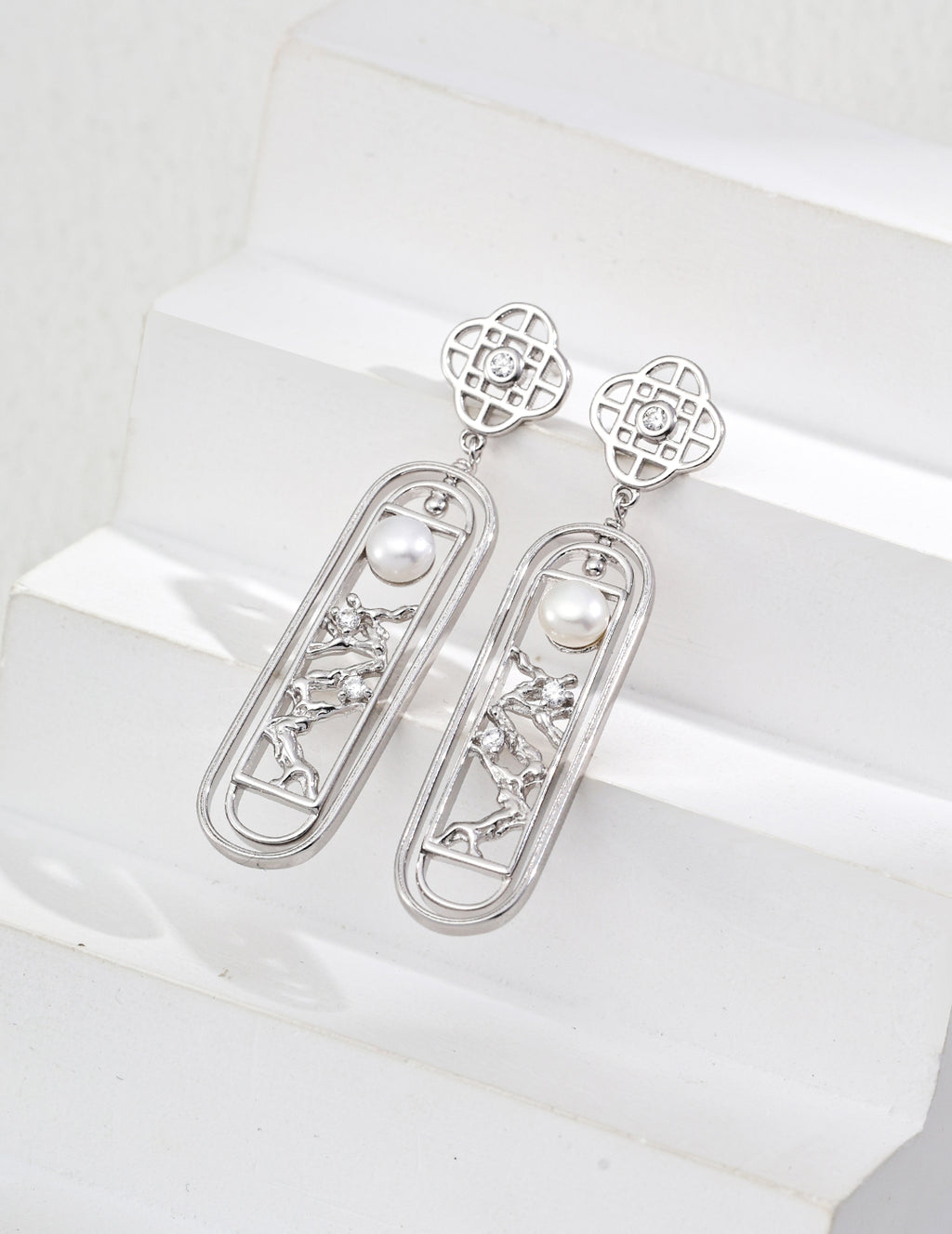 925 Sterling Silver Pearl Window Lattice Drop Earrings in silver and vintage gold natural pearl, product view 5