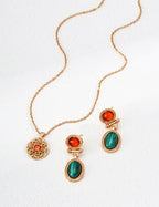 925 Sterling Silver Vintage Malachite and Red Agate Earrings - Silver