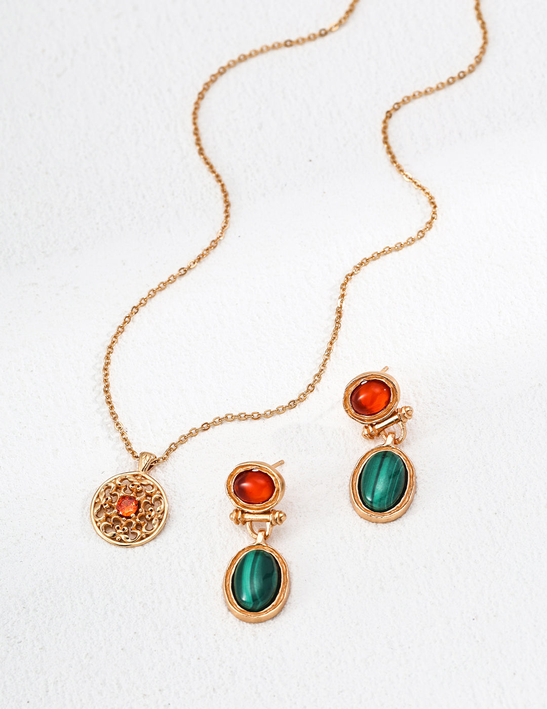 925 Sterling Silver Vintage Malachite and Red Agate Earrings - Silver