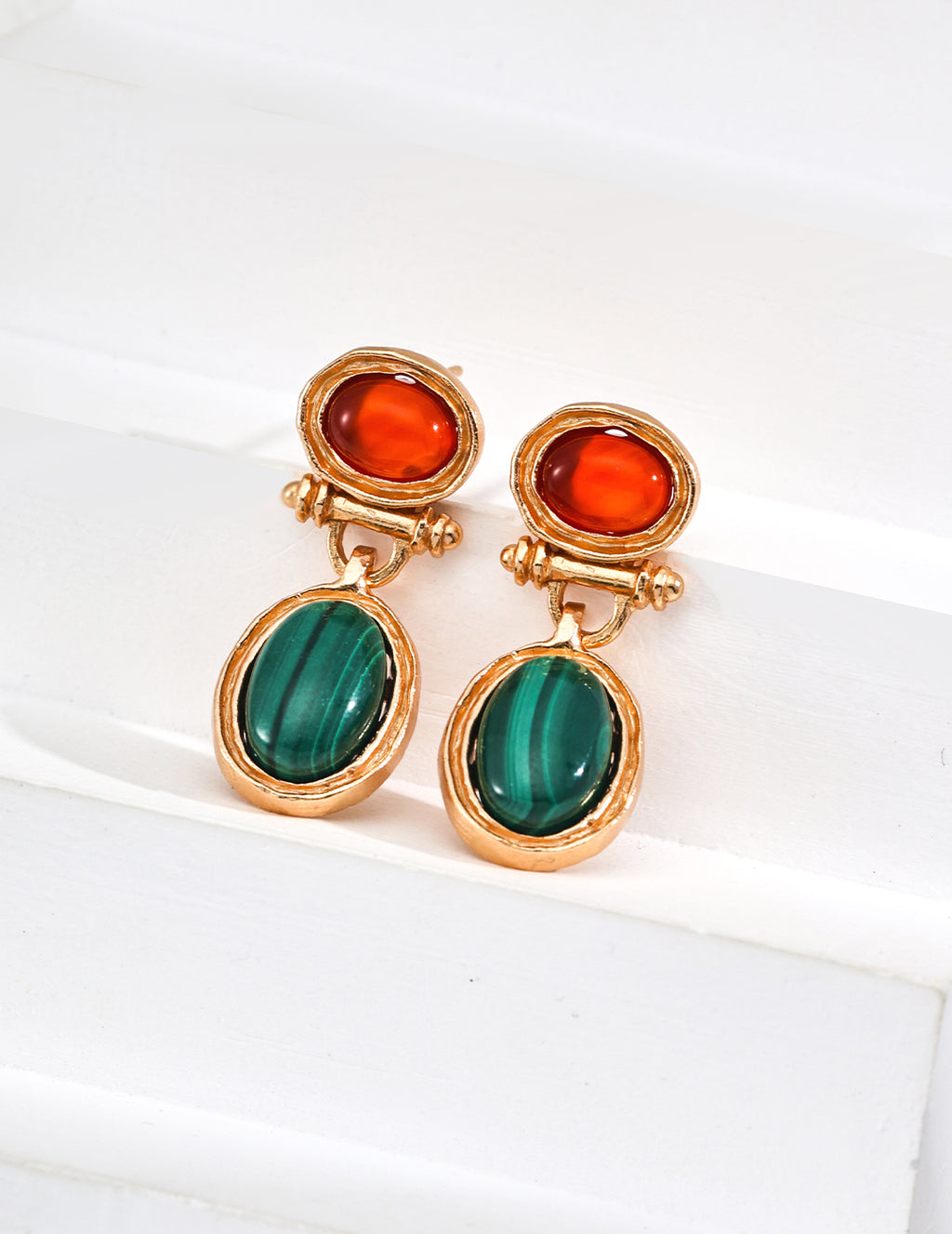 925 Sterling Silver Vintage Malachite and Red Agate Earrings - Silver