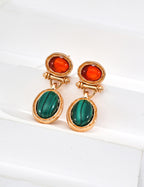 925 Sterling Silver Vintage Malachite and Red Agate Earrings - Silver