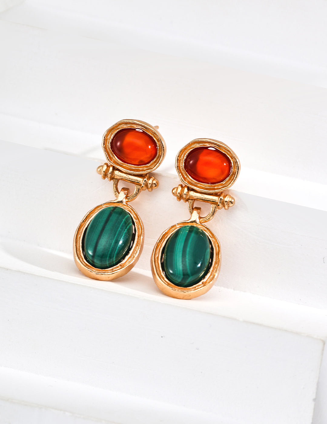925 Sterling Silver Vintage Malachite and Red Agate Earrings - Silver