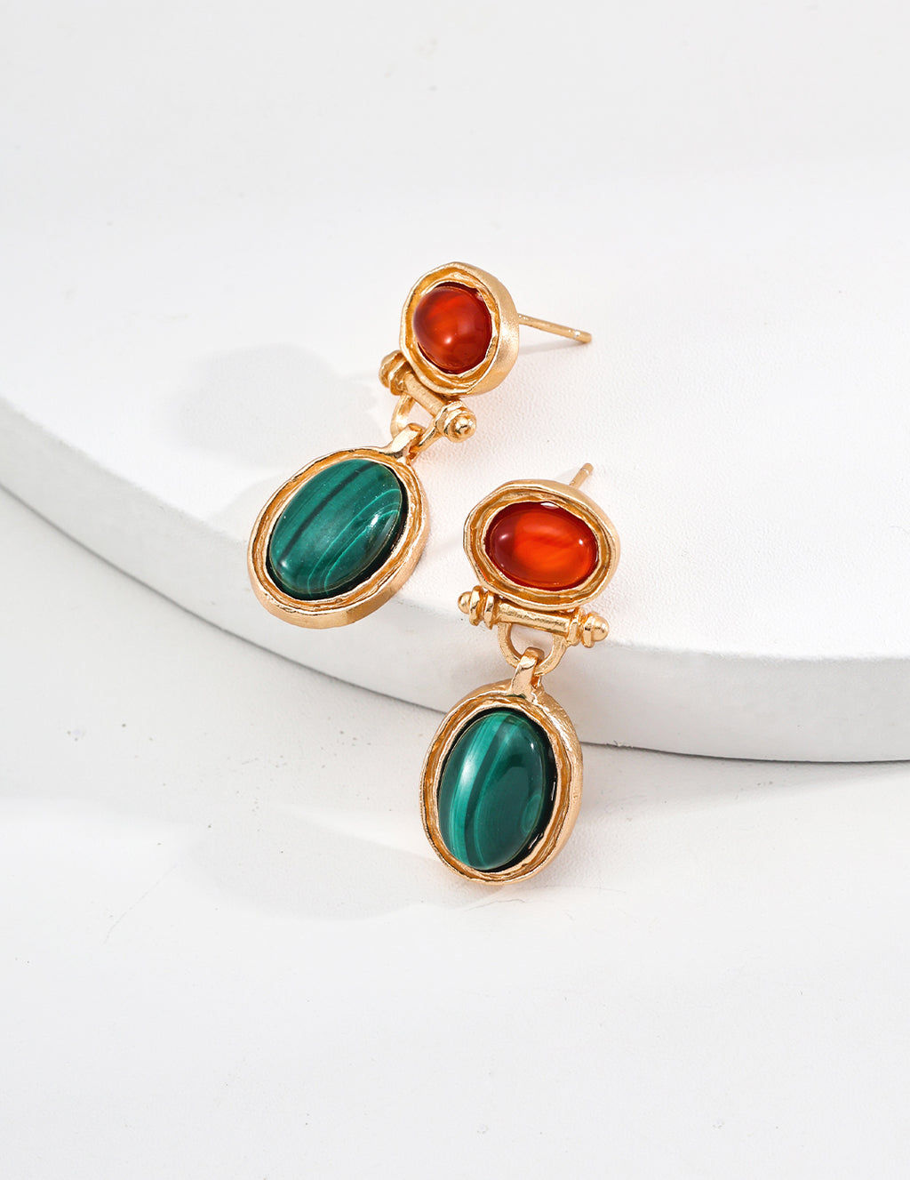 925 Sterling Silver Vintage Malachite and Red Agate Earrings - Silver