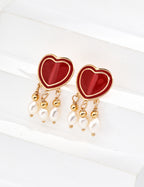 925 Sterling Silver Heart Drip Glaze and Natural Pearl Earrings - Silver