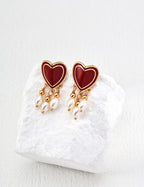 925 Sterling Silver Heart Drip Glaze and Natural Pearl Earrings - Silver