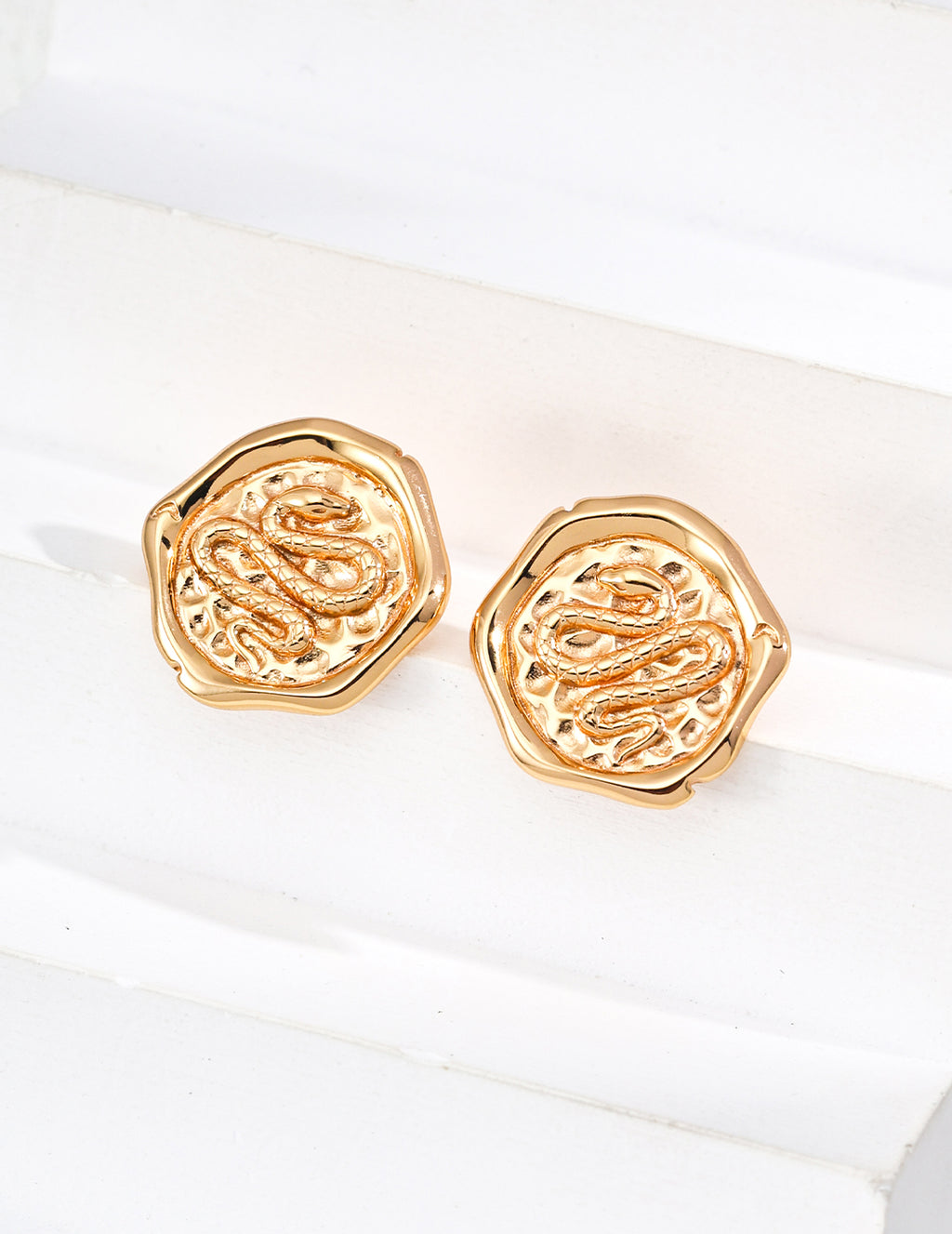 925 Sterling Silver Serpent Coin Stud Earrings - Vintage Gold