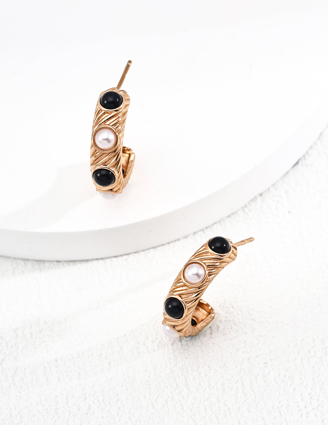 925 Sterling Silver Vintage Natural Pearl and Black Agate Earrings - Silver