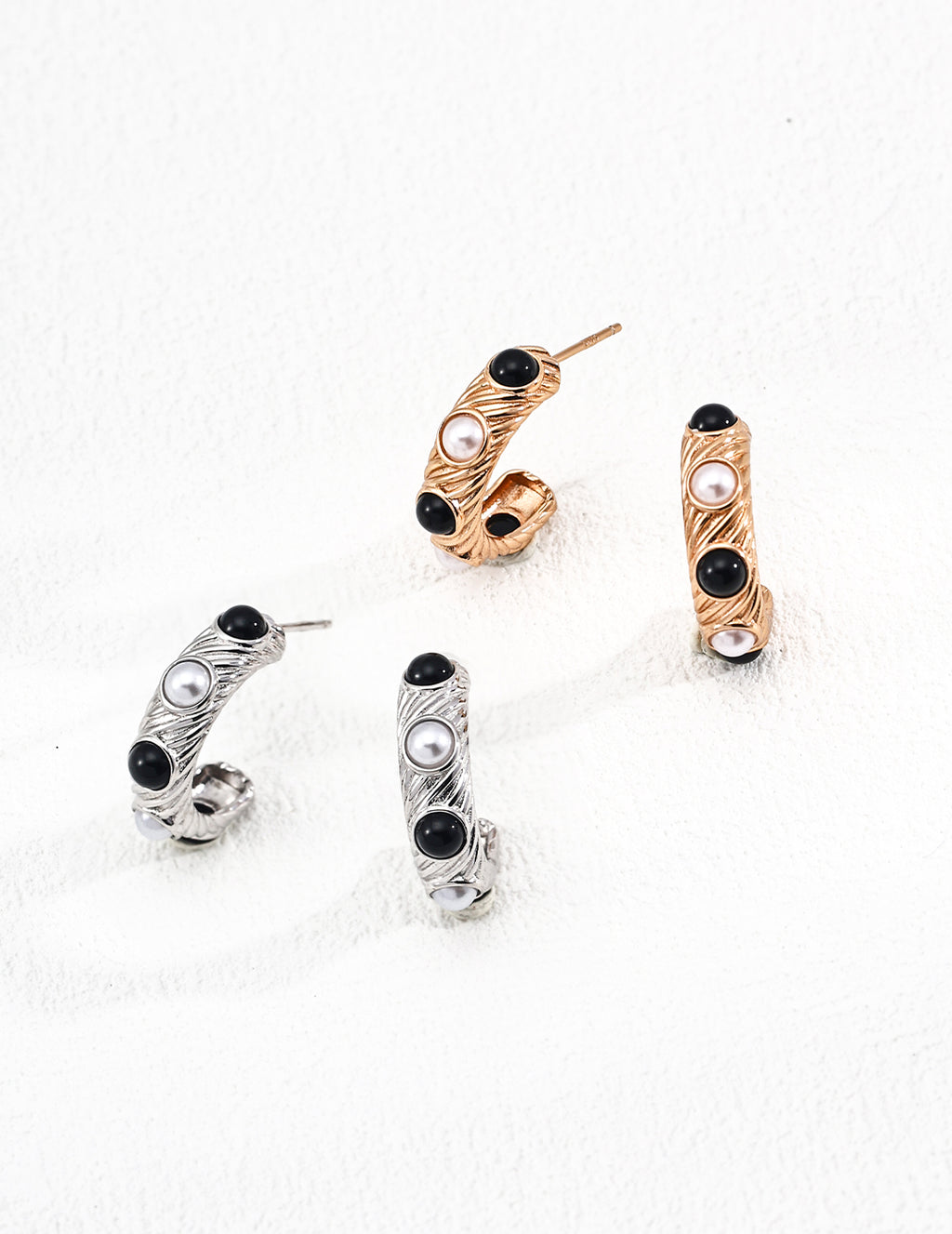925 Sterling Silver Vintage Natural Pearl and Black Agate Earrings - Silver