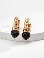 925 Sterling Silver Heart Black Agate Earrings - Vintage Gold