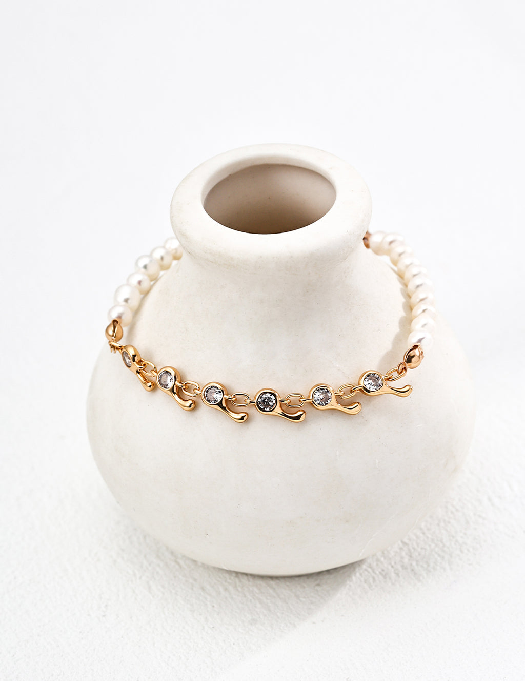925 Sterling Silver Vintage Natural Pearl and Cubic Zirconia Bracelet - Silver