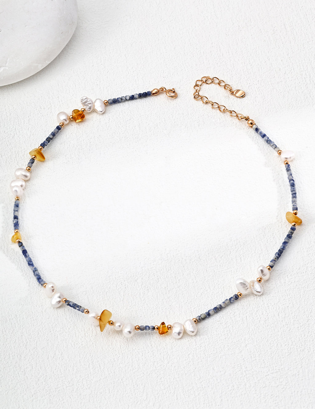 925 Sterling Silver Natural Pearl, Blue Dot Stone and Amber-Toned Bead Necklace, product view 9