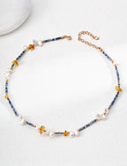 925 Sterling Silver Natural Pearl, Blue Dot Stone and Amber-Toned Bead Necklace, product view 9