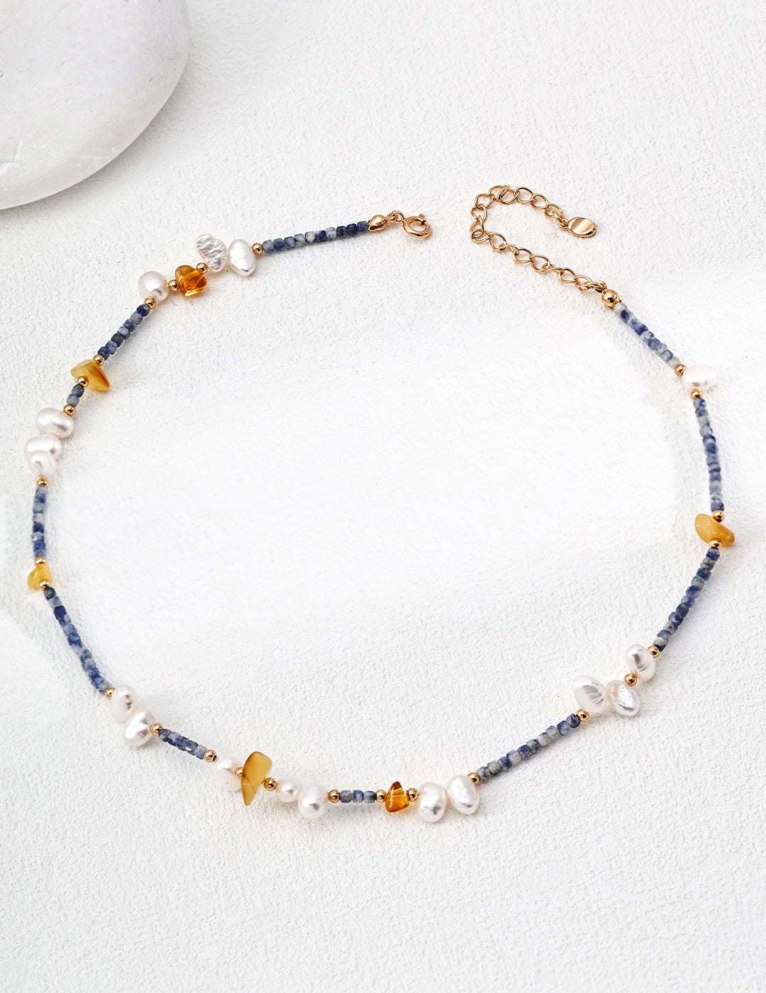 925 Sterling Silver Natural Pearl, Blue Dot Stone and Amber-Toned Bead Necklace, product view 9