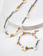 925 Sterling Silver Natural Pearl, Blue Dot Stone and Amber-Toned Bead Necklace, product view 1