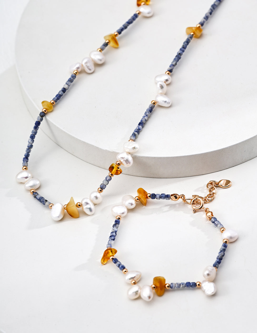 925 Sterling Silver Natural Pearl, Blue Dot Stone and Amber-Toned Bead Necklace, product view 1