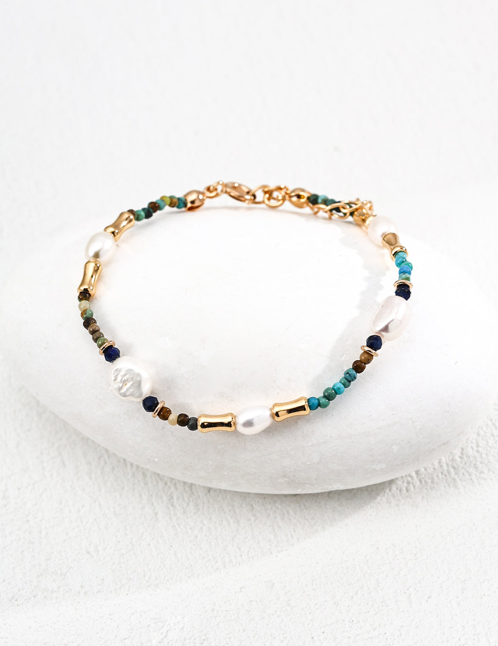925 Sterling Silver Vintage Lapis Lazuli, Natural Pearl and Turquoise Bracelet - Silver