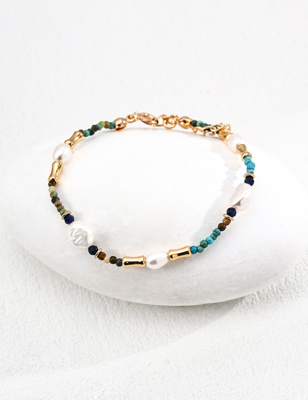 925 Sterling Silver Vintage Lapis Lazuli, Natural Pearl and Turquoise Bracelet - Silver