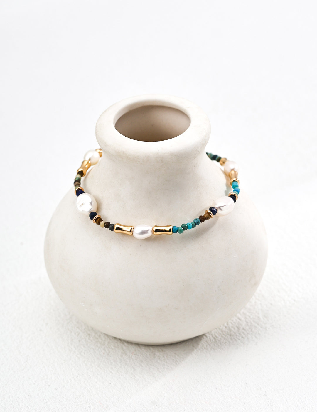 925 Sterling Silver Vintage Lapis Lazuli, Natural Pearl and Turquoise Bracelet - Silver