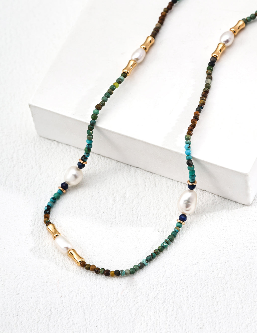 925 Sterling Silver Vintage Pearl, Lapis Lazuli and Turquoise Necklace - Silver