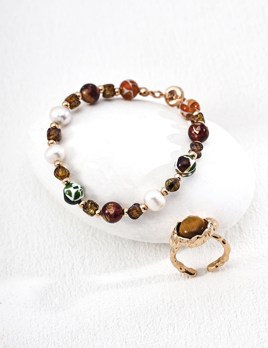 925 Sterling Silver Vintage Natural Pearl, Czech Iridescent Glass and Iridescent Shell Bead Bracelet, product view 4