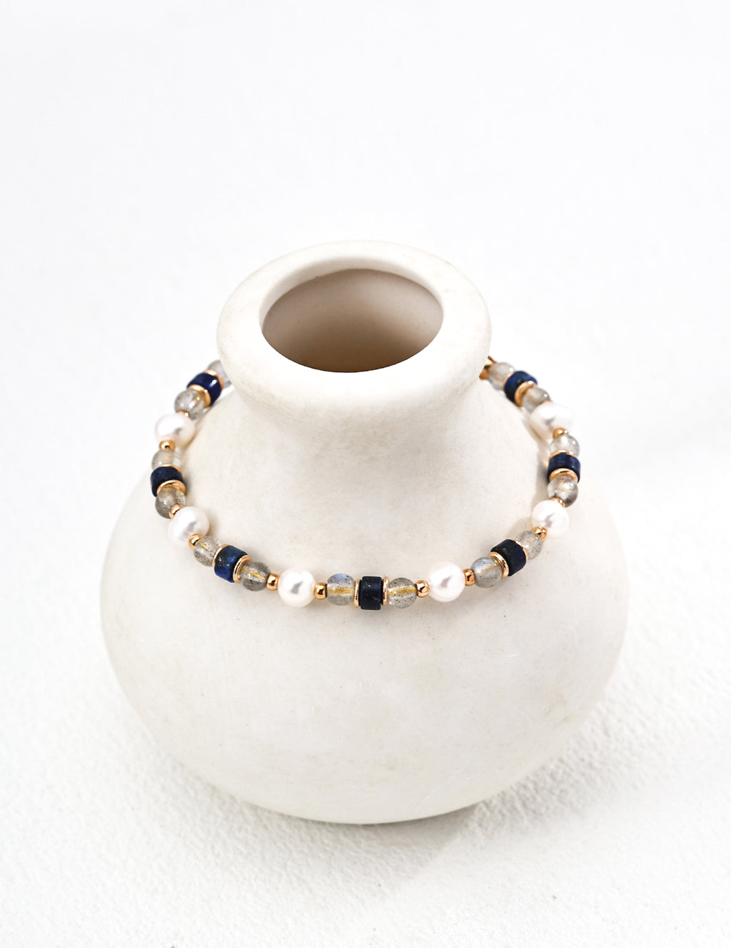 925 Sterling Silver 月光珠, Lapis Lazuli and Natural Pearl Bracelet - Silver