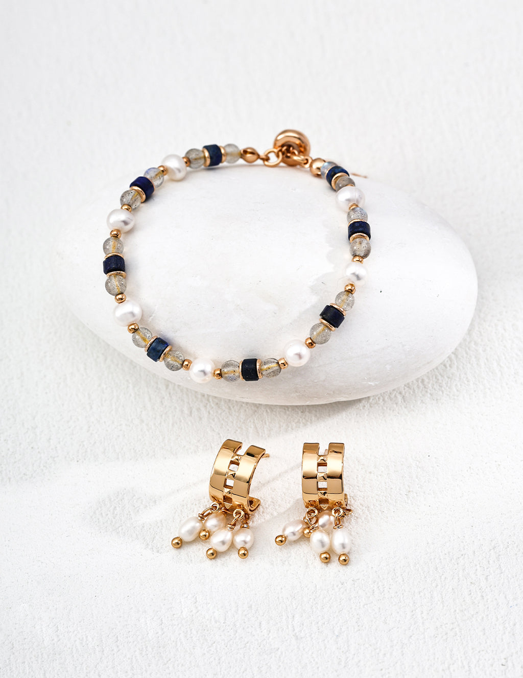 925 Sterling Silver 月光珠, Lapis Lazuli and Natural Pearl Bracelet - Silver