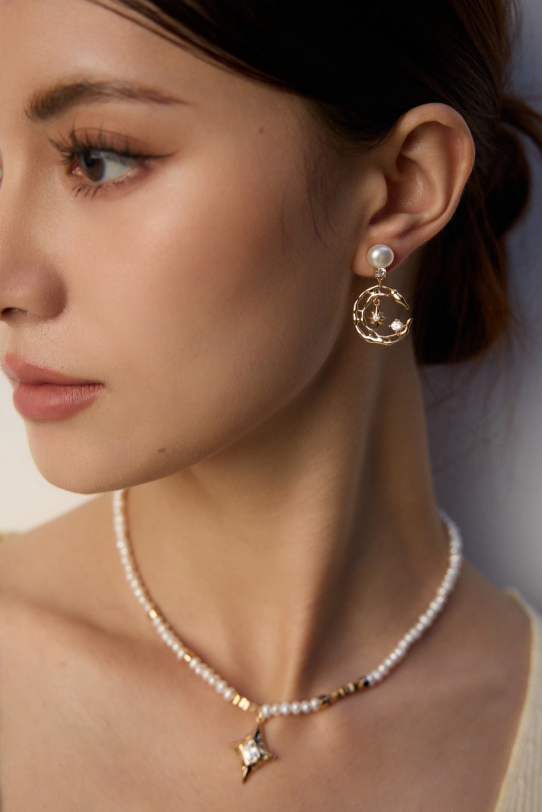 925 Sterling Silver Star Natural Pearl and Cubic Zirconia Earrings - Vintage Gold