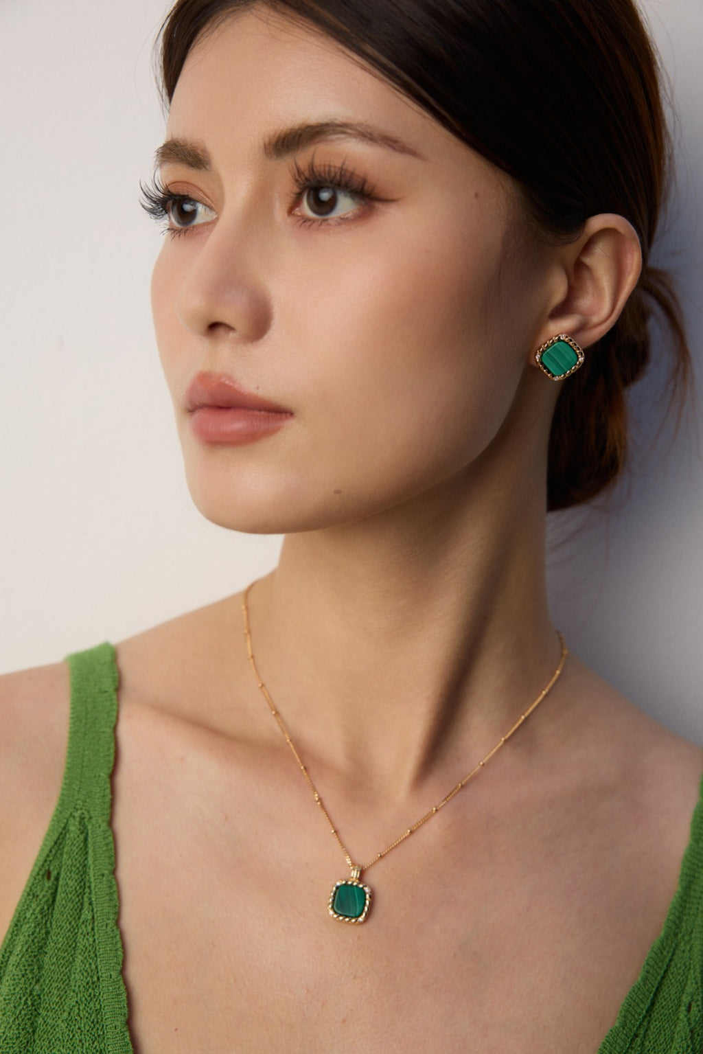 925 Sterling Silver Malachite and Cubic Zirconia Necklace - Silver