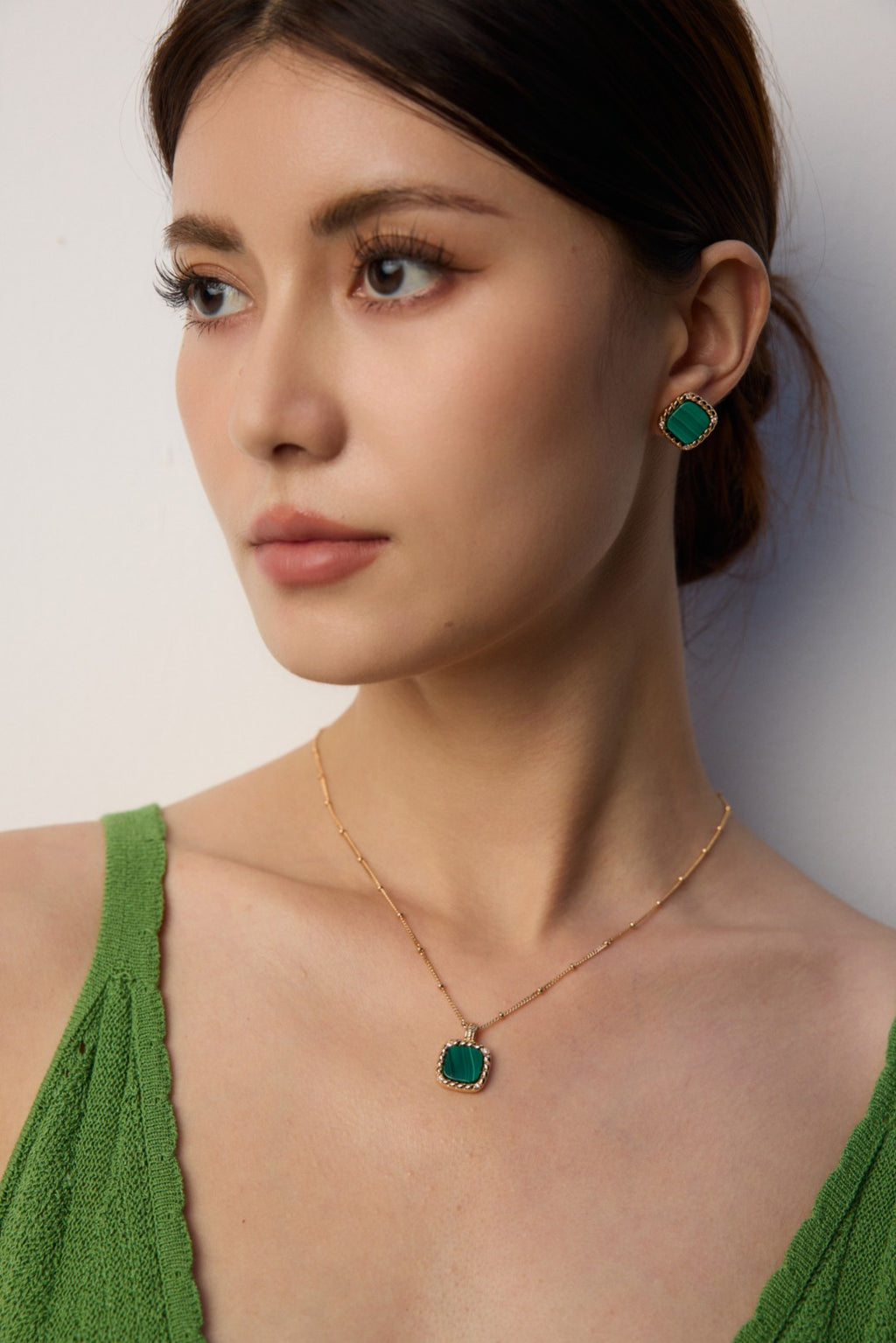 925 Sterling Silver Malachite and Cubic Zirconia Necklace - Silver