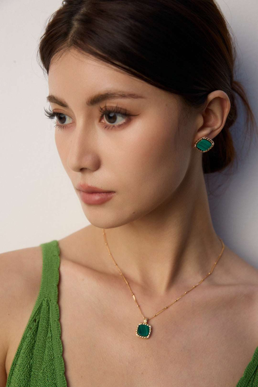 925 Sterling Silver Malachite and Cubic Zirconia Necklace - Silver