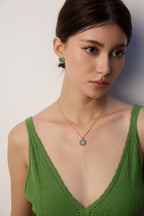 925 Sterling Silver Malachite and Cubic Zirconia Earrings - Silver