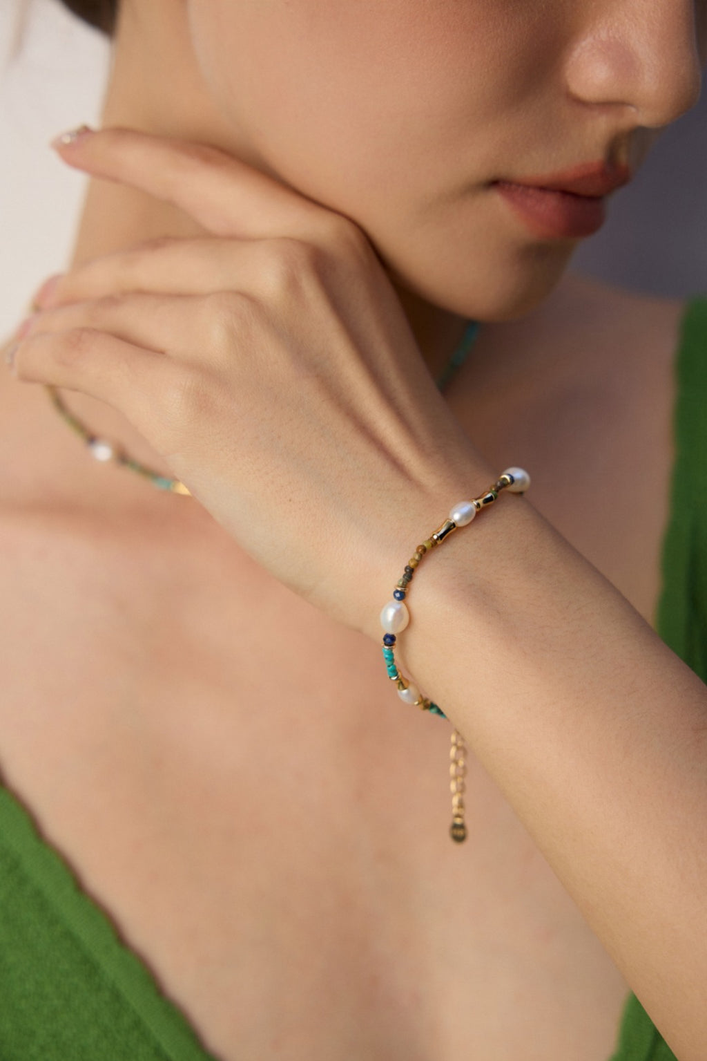 925 Sterling Silver Vintage Lapis Lazuli, Natural Pearl and Turquoise Bracelet - Silver