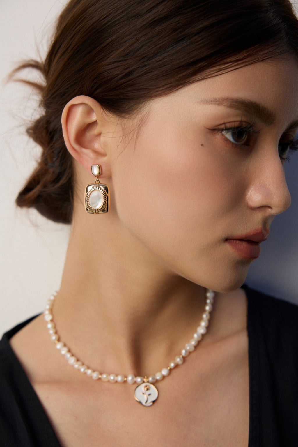925 Sterling Silver Vintage Silver-Lip Shell Earrings - Silver