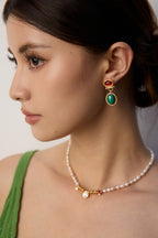 925 Sterling Silver Vintage Malachite and Red Agate Earrings - Silver