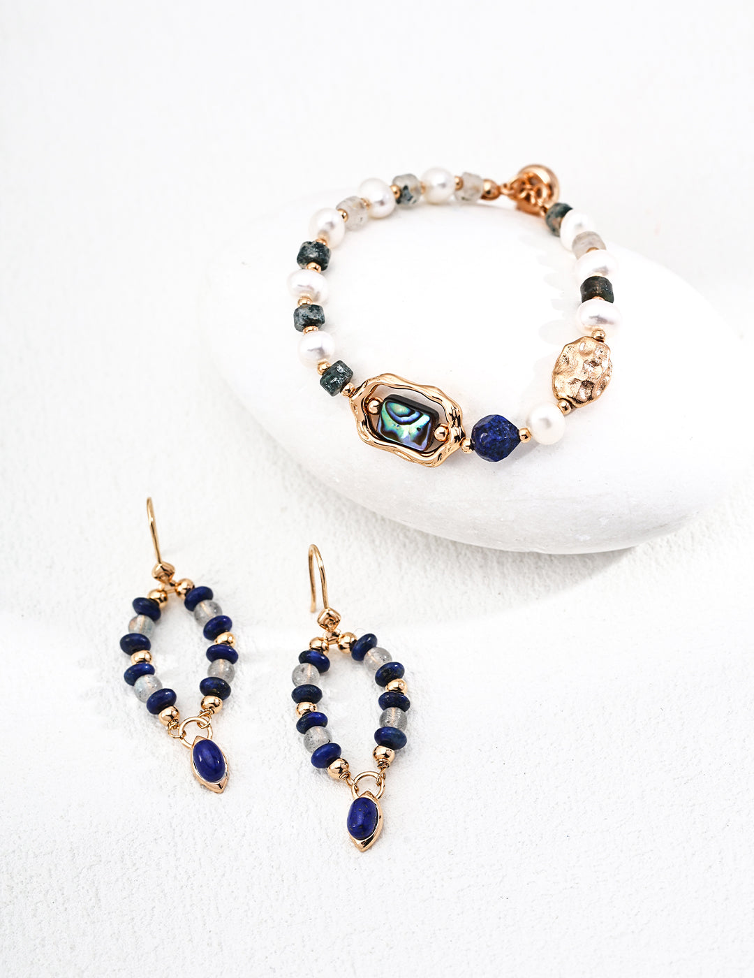 925 Sterling Silver Vintage 月光石 and Lapis Lazuli Earrings - Silver