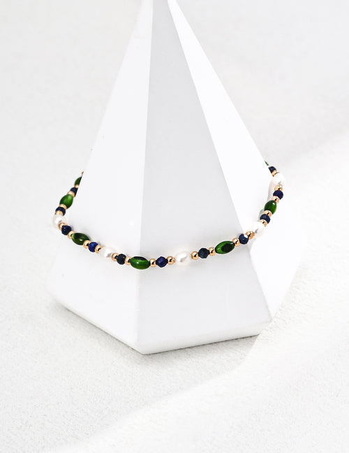 925 Sterling Silver Vintage Rice Pearl, 贝壳橄榄珠 and Lapis Lazuli Bracelet - Silver