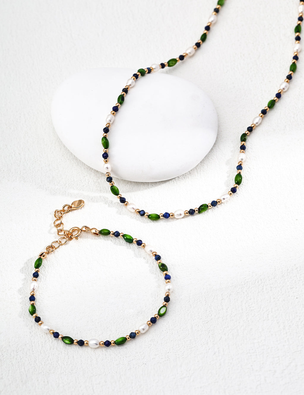 925 Sterling Silver Vintage Rice Pearl, 贝壳橄榄珠 and Lapis Lazuli Bracelet - Silver