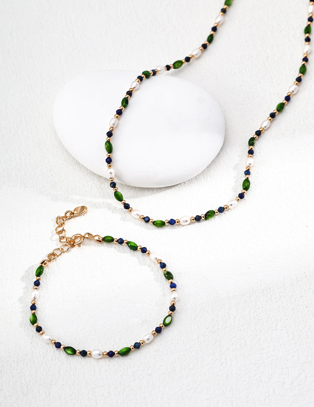 925 Sterling Silver Vintage Rice Pearl, 贝壳橄榄珠 and Lapis Lazuli Necklace - Silver