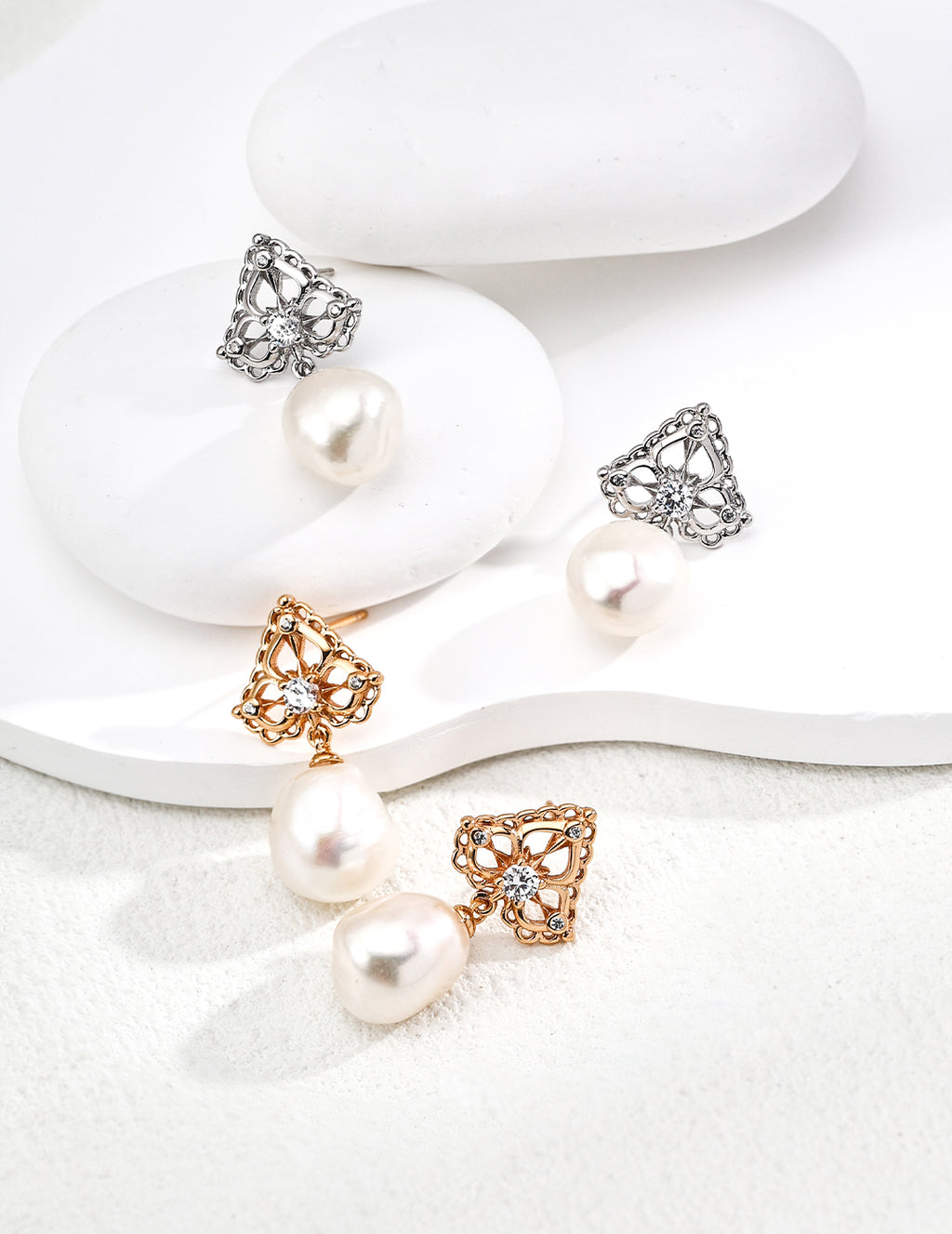 925 Sterling Silver Natural Pearl and Cubic Zirconia Earrings - Silver
