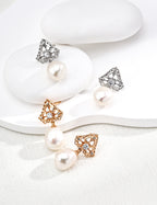 925 Sterling Silver Natural Pearl and Cubic Zirconia Earrings - Silver
