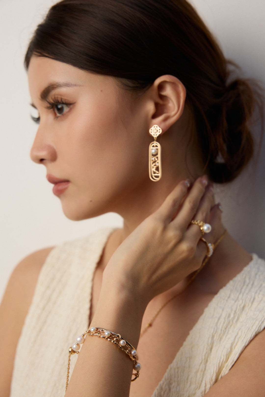 925 Sterling Silver Pearl Window Lattice Drop Earrings in silver and vintage gold natural pearl, product view 2
