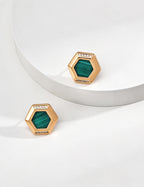 925 Sterling Silver Malachite and Cubic Zirconia Earrings - Silver