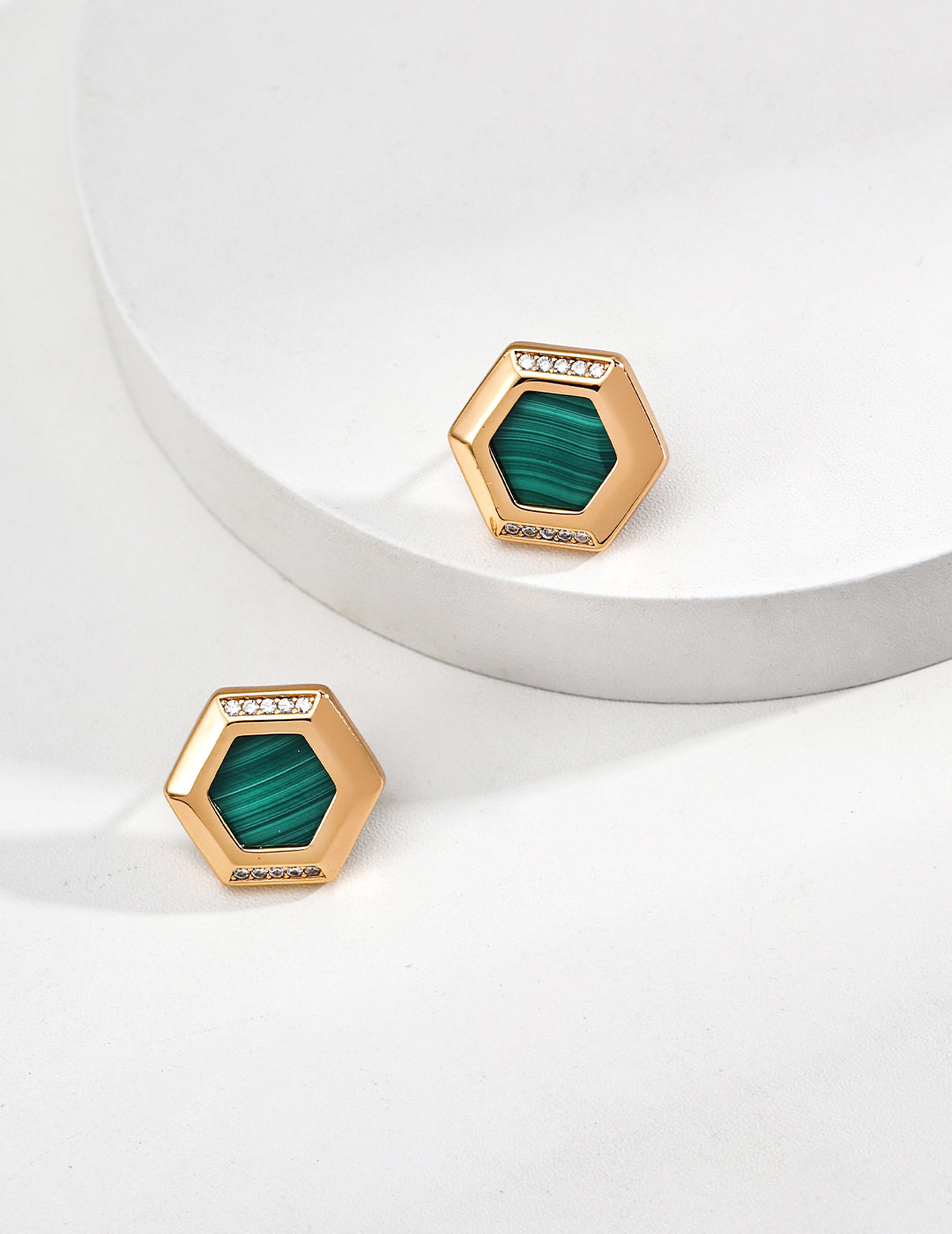 925 Sterling Silver Malachite and Cubic Zirconia Earrings - Silver