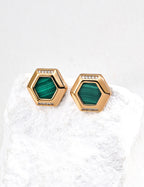 925 Sterling Silver Malachite and Cubic Zirconia Earrings - Silver
