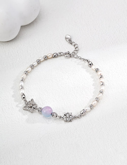 925 Sterling Silver Synthetic Cat’s Eye Glass, Natural Pearl and Cubic Zirconia Bracelet - Vintage Gold