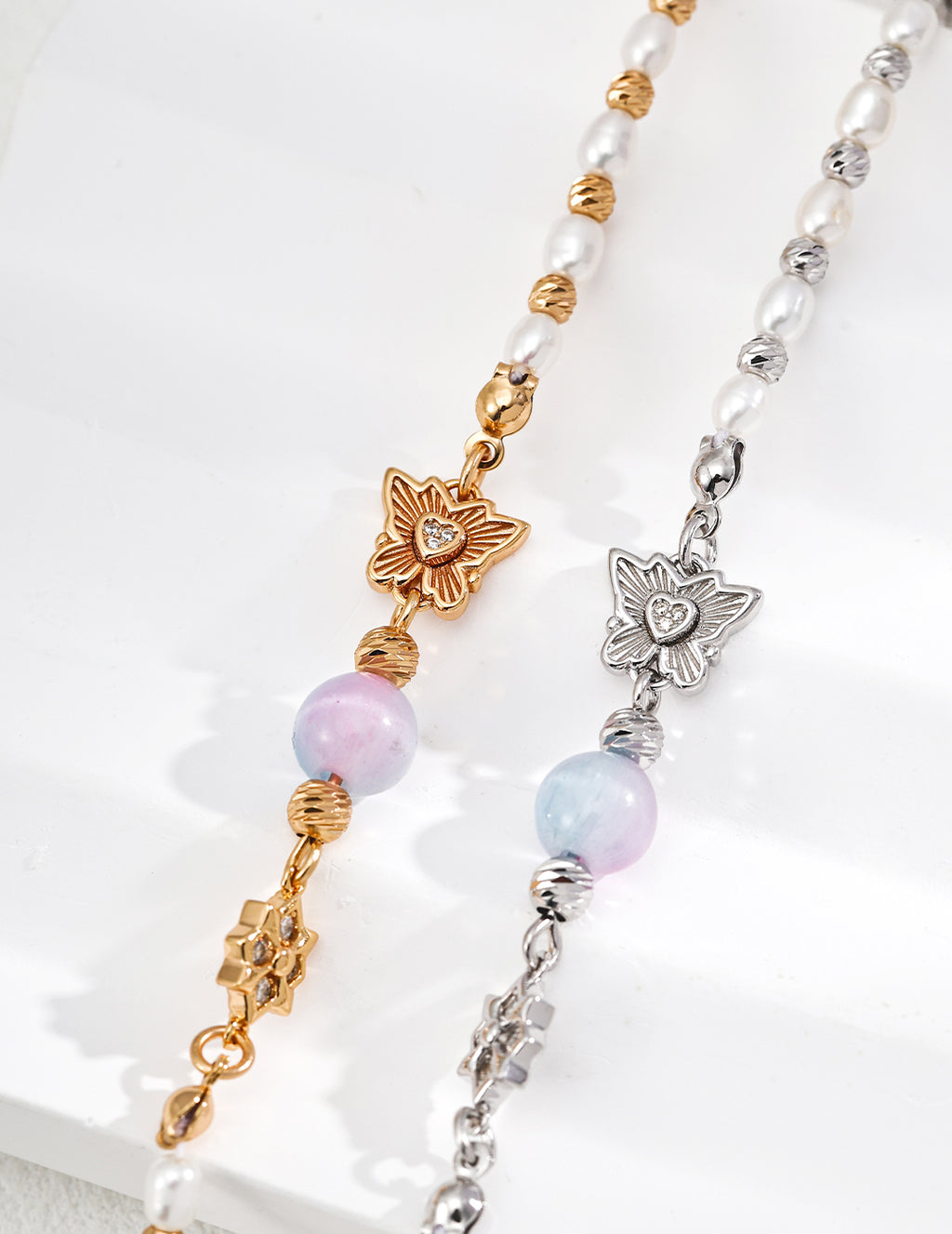 925 Sterling Silver Synthetic Cat’s Eye Glass, Natural Pearl and Cubic Zirconia Bracelet - Vintage Gold