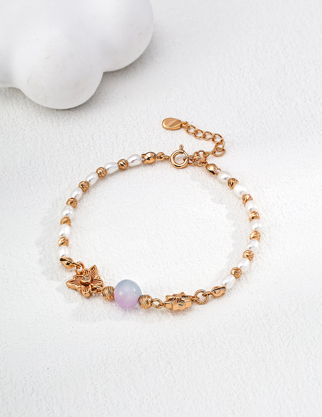925 Sterling Silver Synthetic Cat’s Eye Glass, Natural Pearl and Cubic Zirconia Bracelet - Vintage Gold
