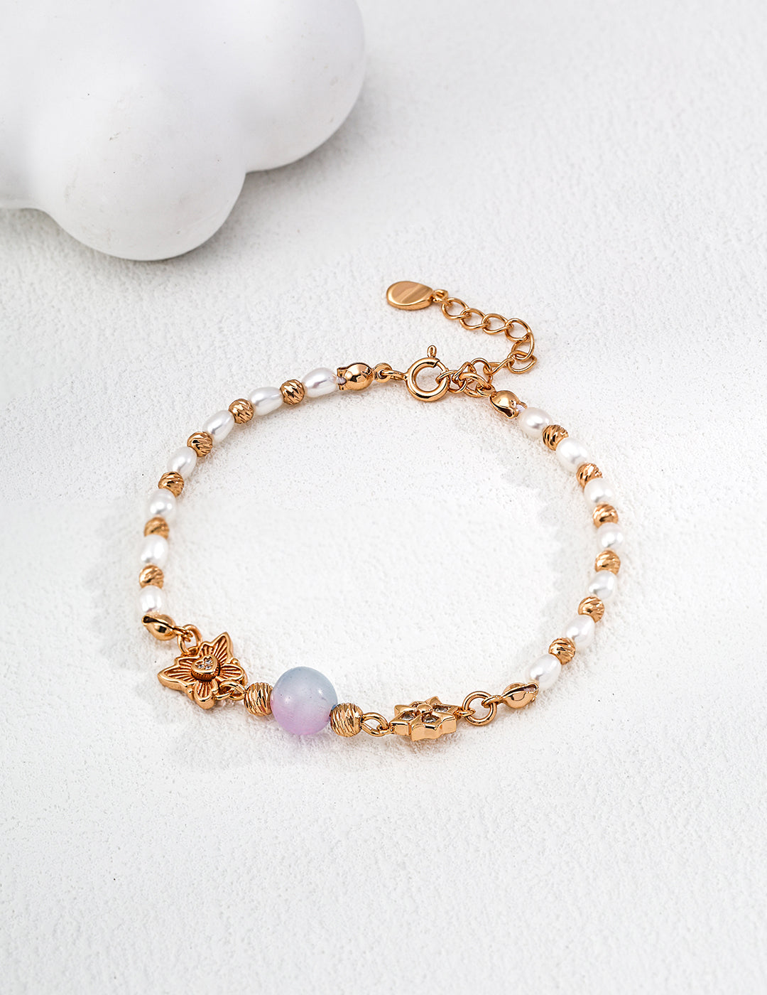 925 Sterling Silver Synthetic Cat’s Eye Glass, Natural Pearl and Cubic Zirconia Bracelet - Vintage Gold