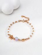 925 Sterling Silver Synthetic Cat’s Eye Glass, Natural Pearl and Cubic Zirconia Bracelet - Vintage Gold