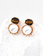 925 Sterling Silver Fluid Natural Pearl, Mother of Pearl and Tiger’s Eye Earrings - Vintage Gold